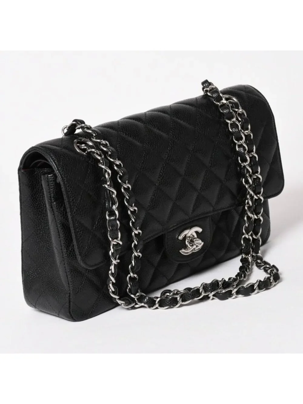 Chanel Quilted 25 Double Flap Chain Shoulder Bag CC Logo Caviar Leather Black